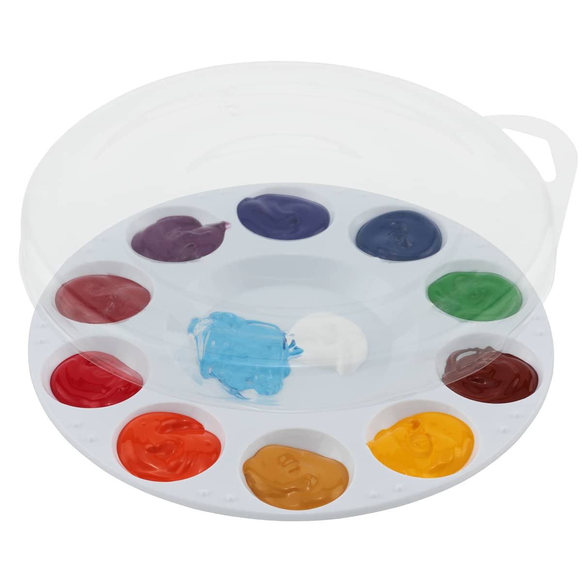 Creative Mark 10-Well Round Plastic Paint Palette with Lid - Pack of 96, Durable, Reusable, Solvent-Resistant, with Oversized Paint Wells Mixing and Color Theory - 7.4ml (0.25oz) Per Well