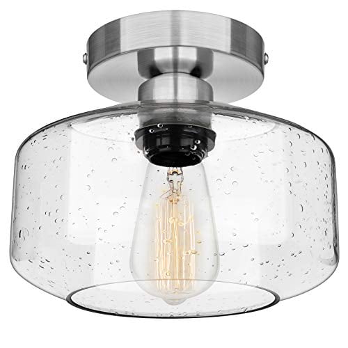 Semi Flush Mount Ceiling Light Industrial Seeded Glass Lamp Shade Fixtures With Brushed Nickel Base Silver Farmhouse Lighting For Hallway Porch Corridor Bedroom Bulb Not Inc Com Semi Flush Mount Ceiling Light, Outdoor Ceiling Light Fixtures Brushed Nickel