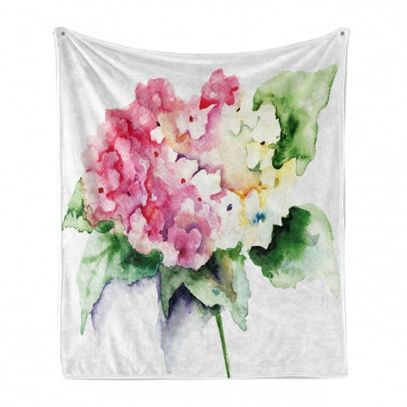 Floral Soft Flannel Fleece Throw Blanket, Hydrangea Flower Bouquet in Watercolor Blossoms Botany Petals Image, Cozy Plush for Indoor and Outdoor Use, 50" x 60", Pink Yellow Forest Green, by Ambesonne