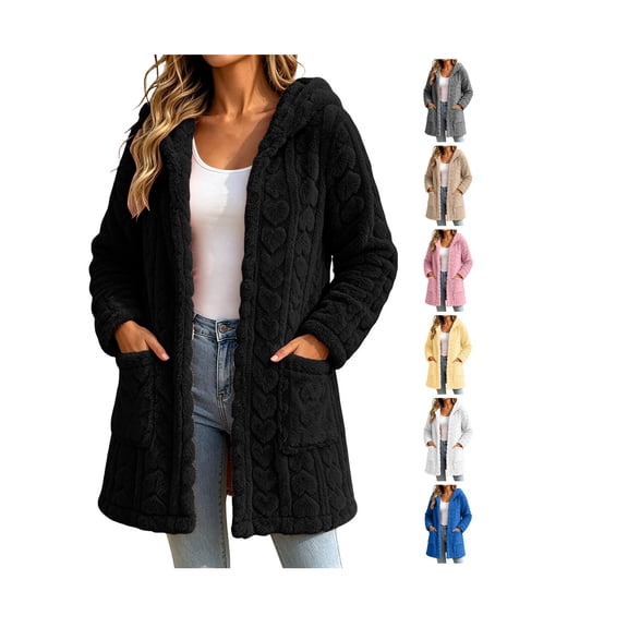 Fleece Jacket Women Casual Open Front Sherpa Jacket Plus Size Long Sleeve Winter Fleece Coat with Hood Mid Length Plush Outwear