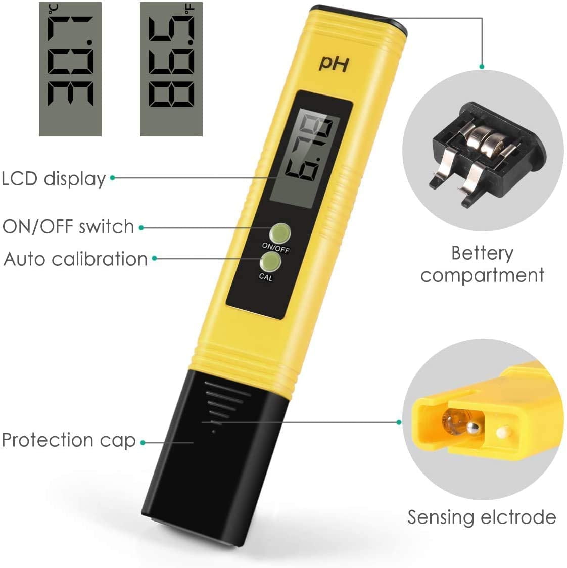 Digital PH Meter Water Quality Tester with Calibration Solution Powder PH Accuracy 0.01 Measurement for 0-14 Measurement Range for Household Drinking,Food Brewing,Hydroponics,Aquariums,Pools,Spa,Lab 
