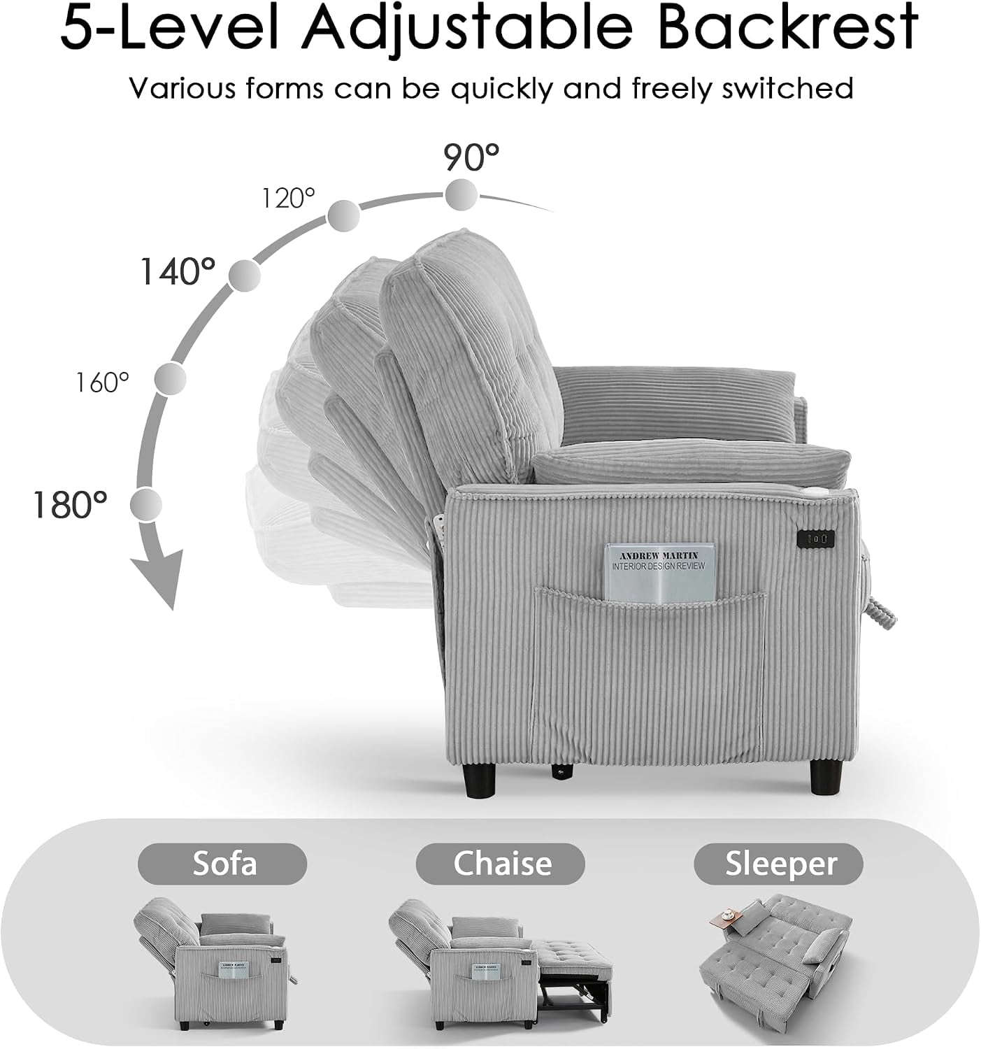 55" Sleeper Sofa Bed, Convertible Pull Out Couch with Side Stand, USB Ports, Side Pockets, Corduroy Fabric, Adjustable Backrest, Light Grey