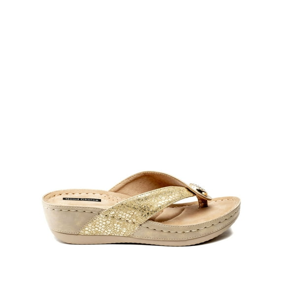 GOOD CHOICE Womens Gold Snake Embossed 1" Platform Rhinestone Cushioned Dafni Wedge Slip On Thong Sandals 7.5 M