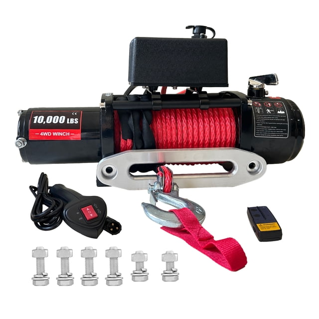 Powerful 10000lbs 12V Electric Winch – Heavy Duty Waterproof Recovery Winch with 85ft Red Synthetic Rope, Wireless Remote