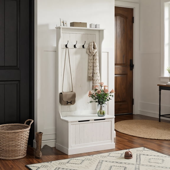GVN Coat Rack Stand,Coat Stand,Hall Tree with Coat Rack, Storage, and Sitting Bench, Cream White