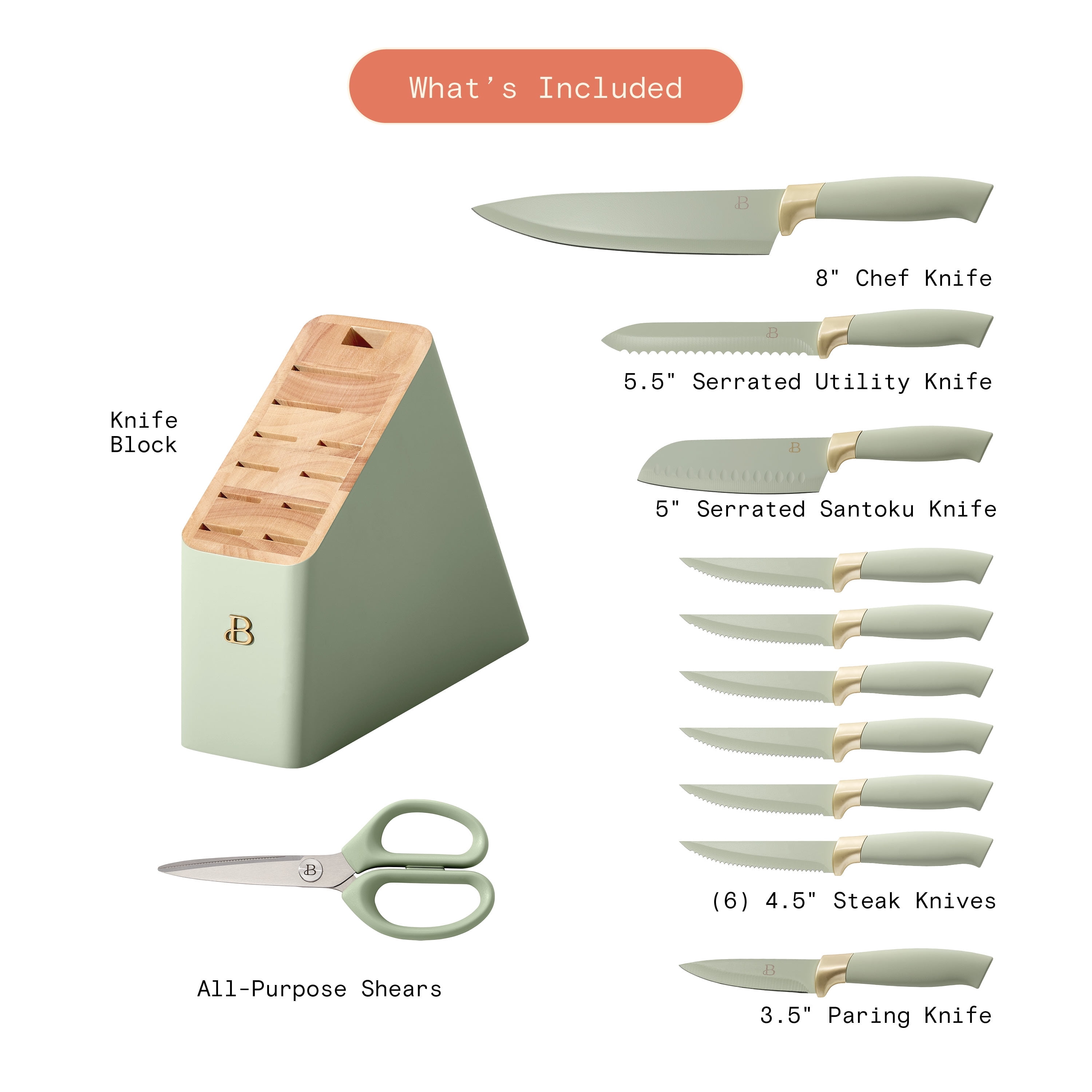 Beautiful 12pc Sage Green Stainless Steel Knife Block Set Soft-Grip Handles by Drew Barrymore