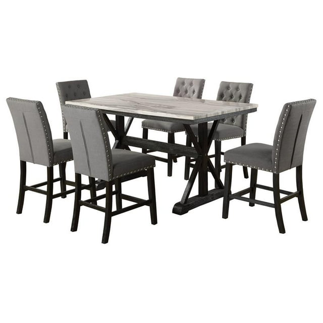 Light Espresso Faux Marble Counter Height Dining Set with Gray Chairs Wood Base