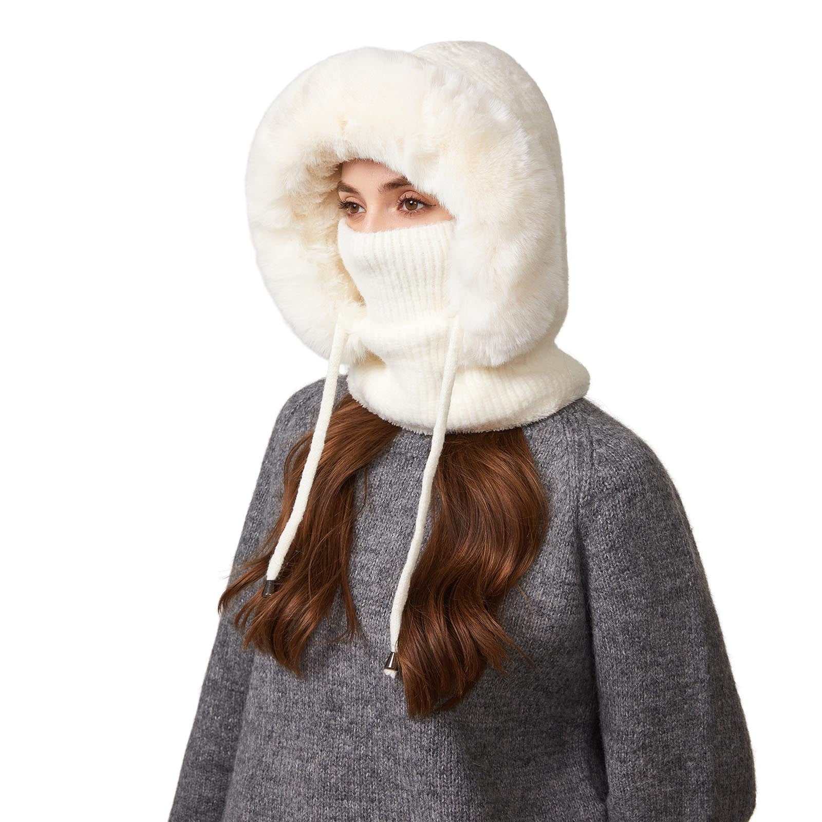 YZEGDCH White Women One Piece Slouchy Fleece Thicken Beanie Winter Hats Scarf Mask Drawstring Warm Hooded Winter Balaclava Pullover Knitted Winter Hat, Birthday Valentines Gift for Women