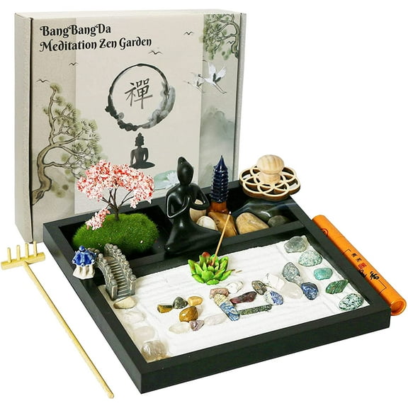 Desktop Meditation Yoga Zen Garden Kit Japanese Tabletop Rock Sand Chakra Shrine Altar Japanese Zen Decor Home Office Desk Zen Gifts for Women Man Birthday w/ Rake Tool Accessory Bonsai Healing Stone