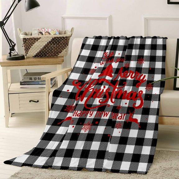 Merry Christmas Throw Flannel Blanket 50x80In Black White Buffalo Checked Plaid Super Soft Cozy Bed Blanket, Lightweight Plush Fuzzy Bed Throw for Bedroom Sofa Couch Living Room
