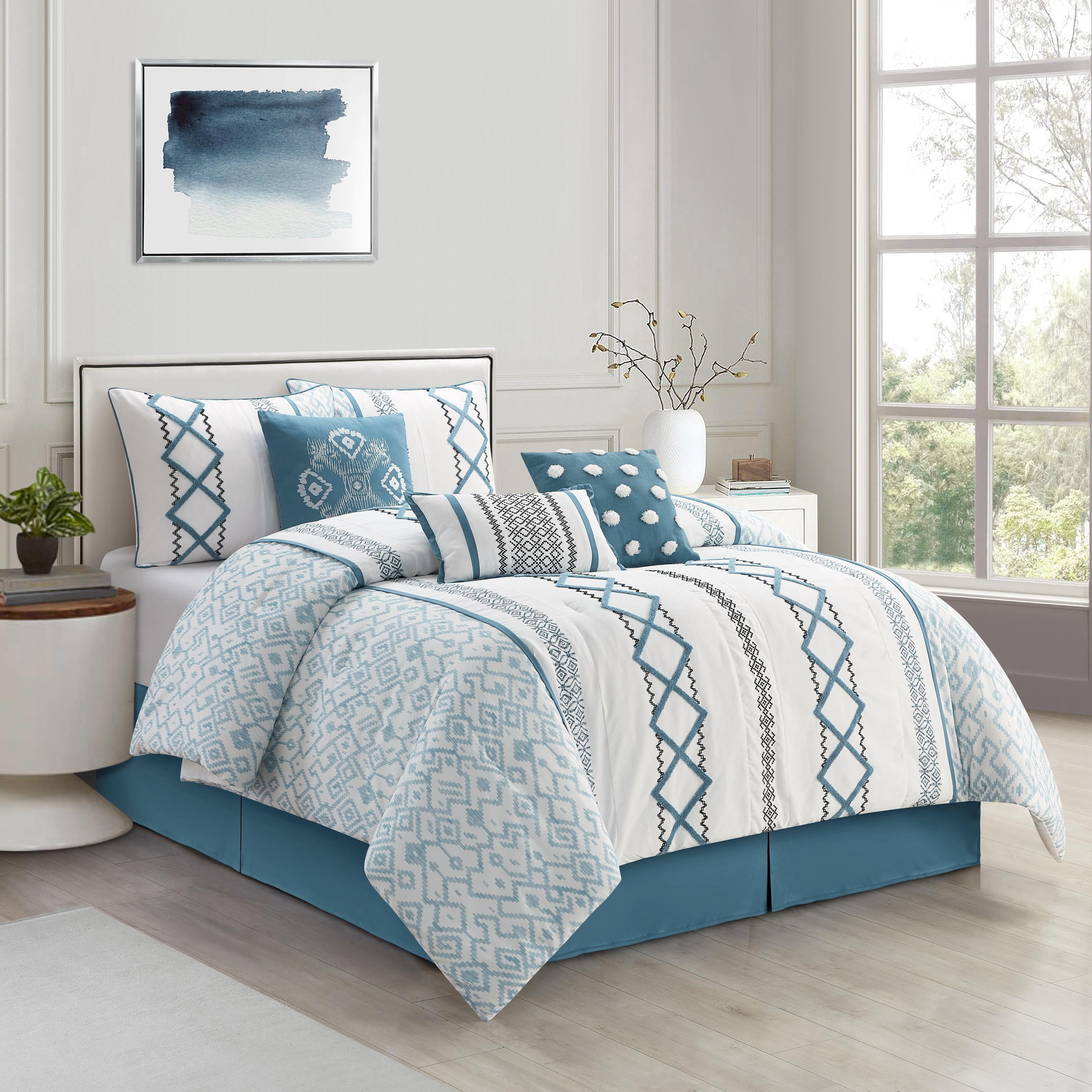 Nanshing Jamie 7 Piece Geometric Comforter Set, Blue, Queen