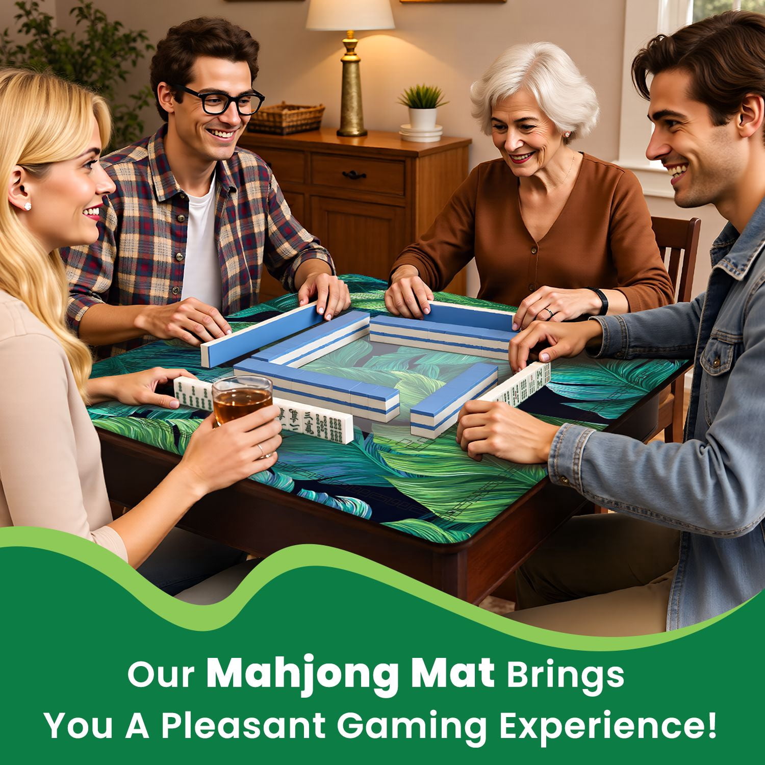 Mahjong Mat 31.5" x 31.5" turquoise green tropical leaves Seamless graphic design Non-Slip Noise Reduction American Mahjong Tiles Table Cover for Dominoes Poker Card Board Games Gift