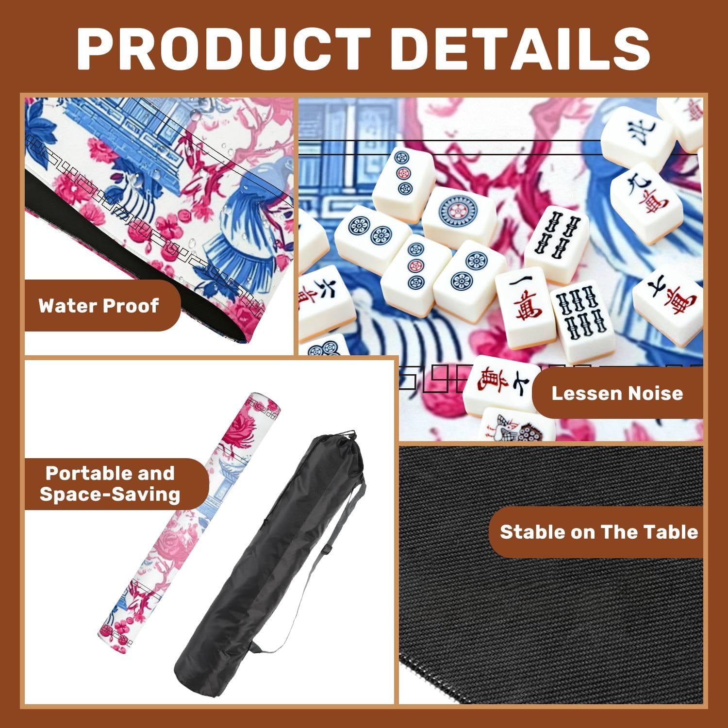Mahjong Mat 31.5" x 31.5" Pagodas Monkeys Birds Butterflies Blooming Branches Flowers Seamless Non-Slip Noise Reduction Mahjong Tiles Table Cover for Dominoes Poker Card Board and Tile Games Gift