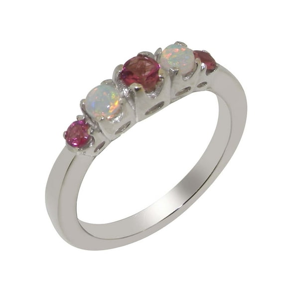 LBG British Made 925 Sterling Silver Natural Pink Tourmaline & Opal Womens band Ring - 33 size options - Size 10