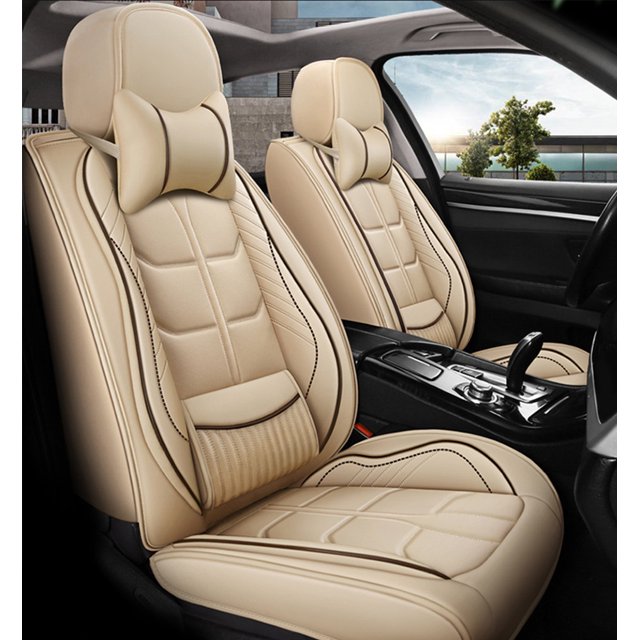 Maidao 2PCs Front Car Seat Covers Leather for Mercedes-Benz for S420 1983-Present 2 Seats Airbag Compatible Waterproof Soft Front Set Cushion Protector with Pillows with Pillows Beige