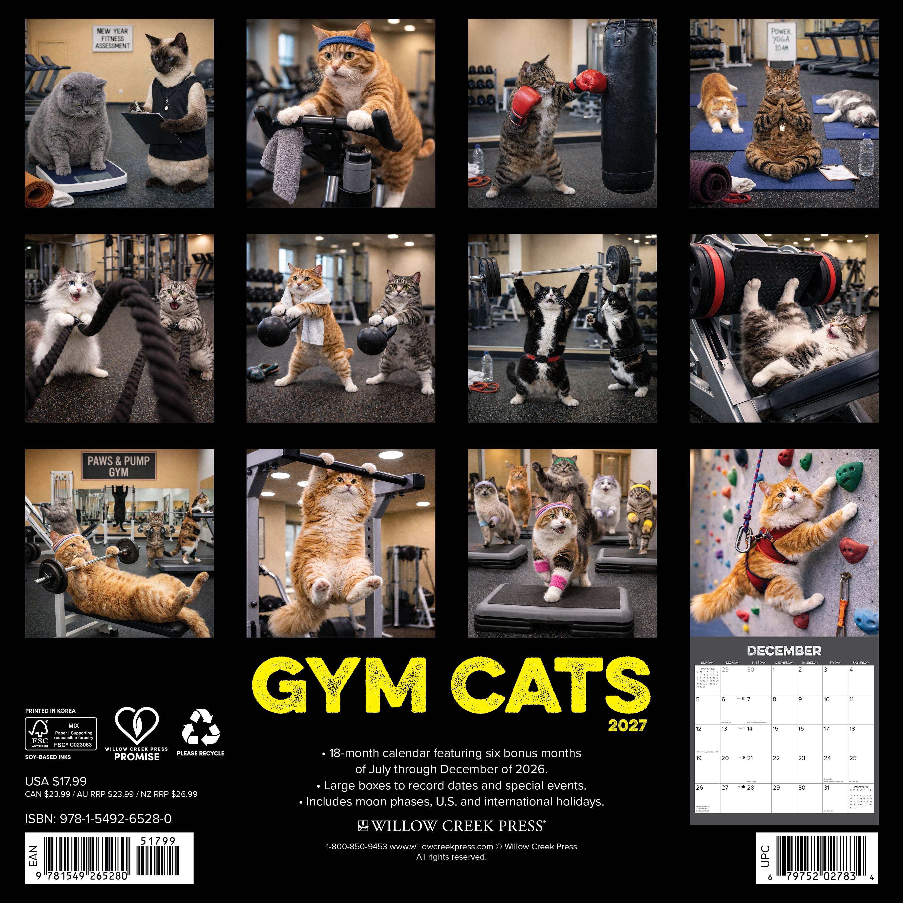 Willow Creek Press, Gym Cats 2027 Wall Calendar