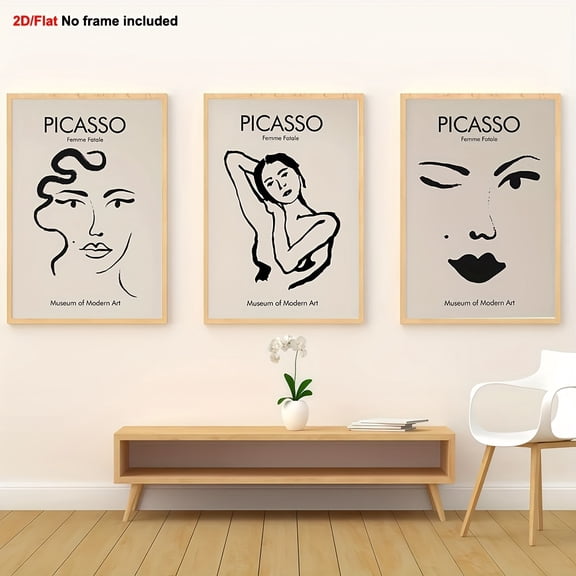 [2D Flat] 3pcs Frameless Decorative Art, 2D Flat, Pablo Picasso Print Set, Fashionable Wall Art, Home Decoration, Bedroom Wall Art, Dormitory Decoration, Living Room Wall Art, Black and White Print,