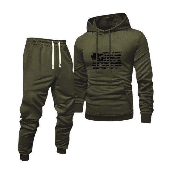 Wutalume Men's Universal Solid Color Flag Print Hooded Sweatshirt and Sweatpants Set, Versatile Fit for Sports and Lounge, Comfortable Fabric with Modern Style,Army Green L