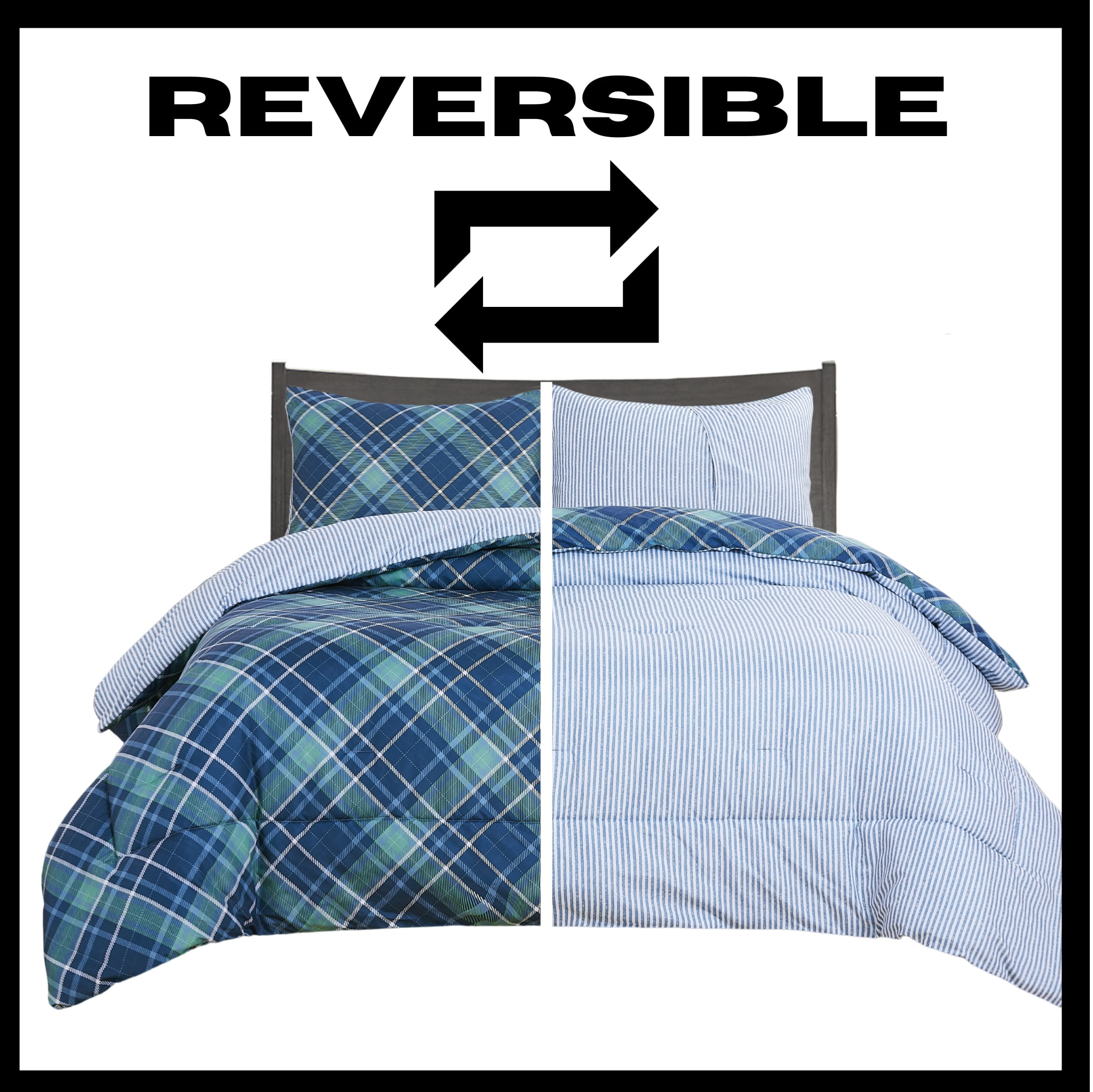 Boys Comforter Set 2-Piece Reversible Microfiber Kids Sham Plaid Bedding - Blue/Green - Full