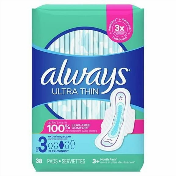 Always Ultra Thin Feminine Pads For Women, Size 3 Extra Long Super Absorbency, With Wings, Unscented, 38 Count