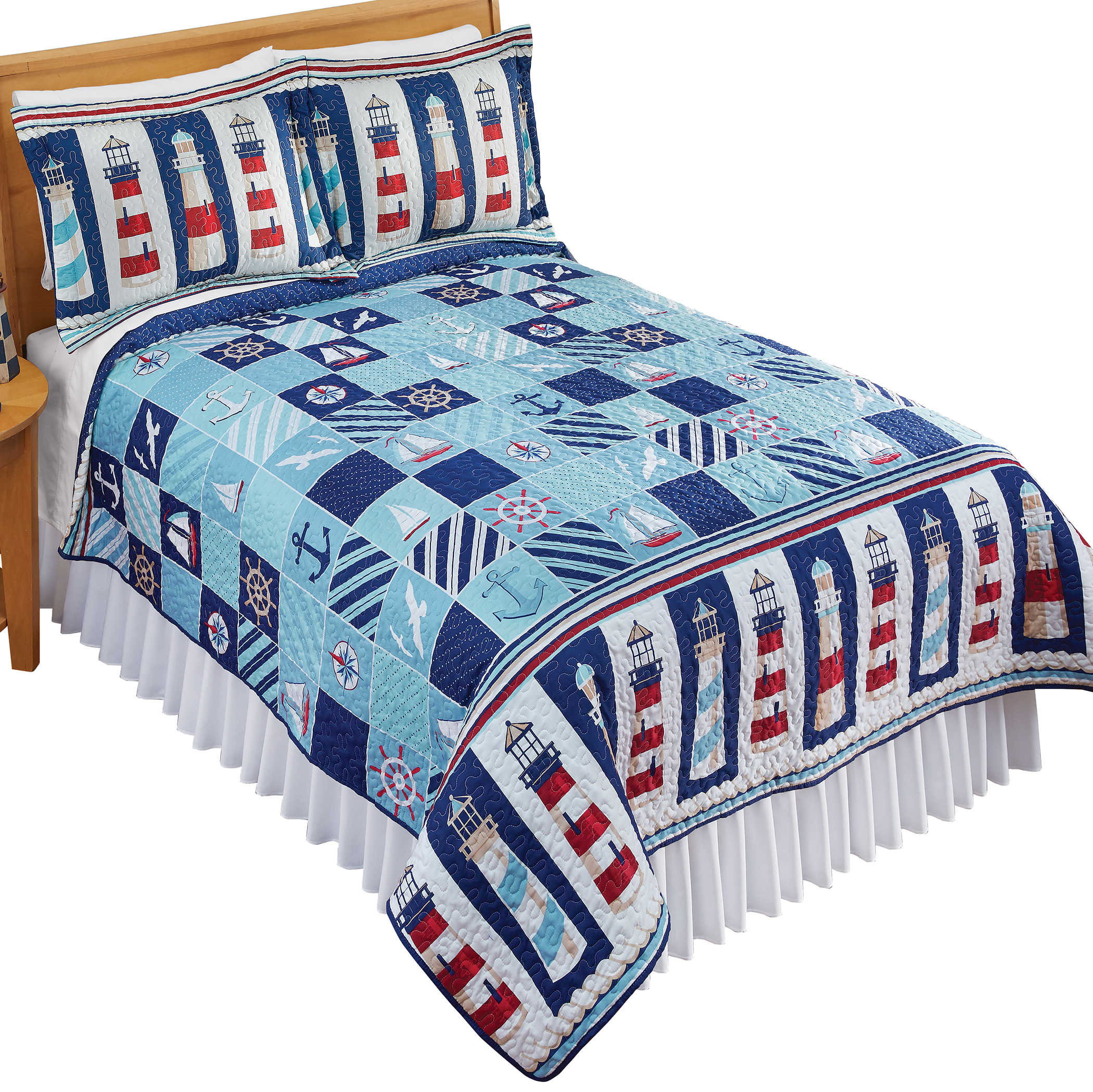 Collections Etc NauticalInspired Printed Patchwork Quilt NAVY/BLUE