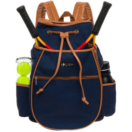 Tennis Backpack - LISH Match Point Canvas Tennis Racket Backpack - Solid Drawstring Racquet Holder Bag (Navy)
