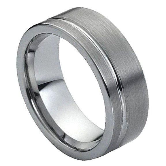 8mm Tungsten Carbide Pipe-cut Brushed Finish with Polished Shiny Off-Center Groove Wedding band Ring for Men and Ladies