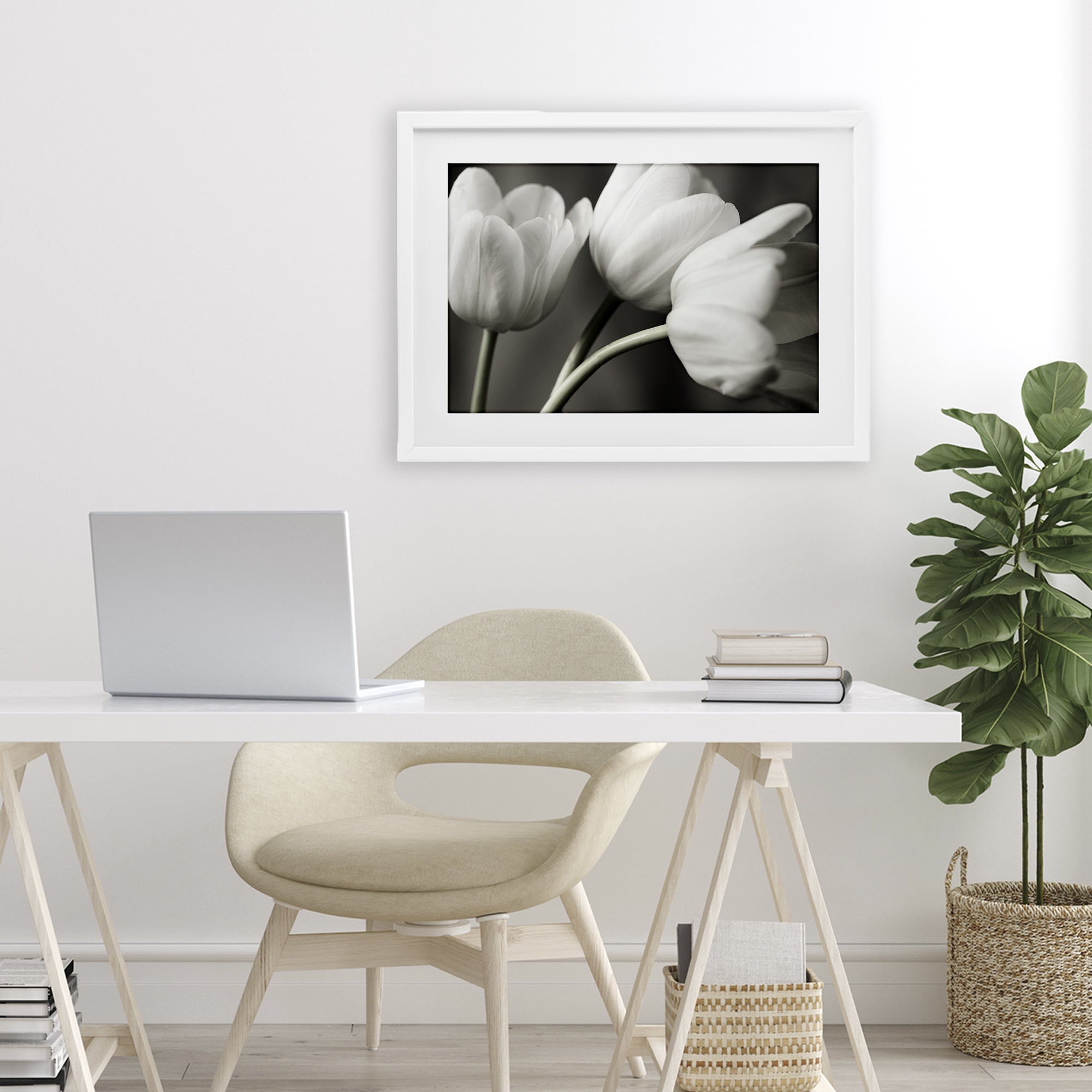 Stupell Industries Row Of Monochrome Tulips White Framed Print Under Glass, design by Tom Quartermaine