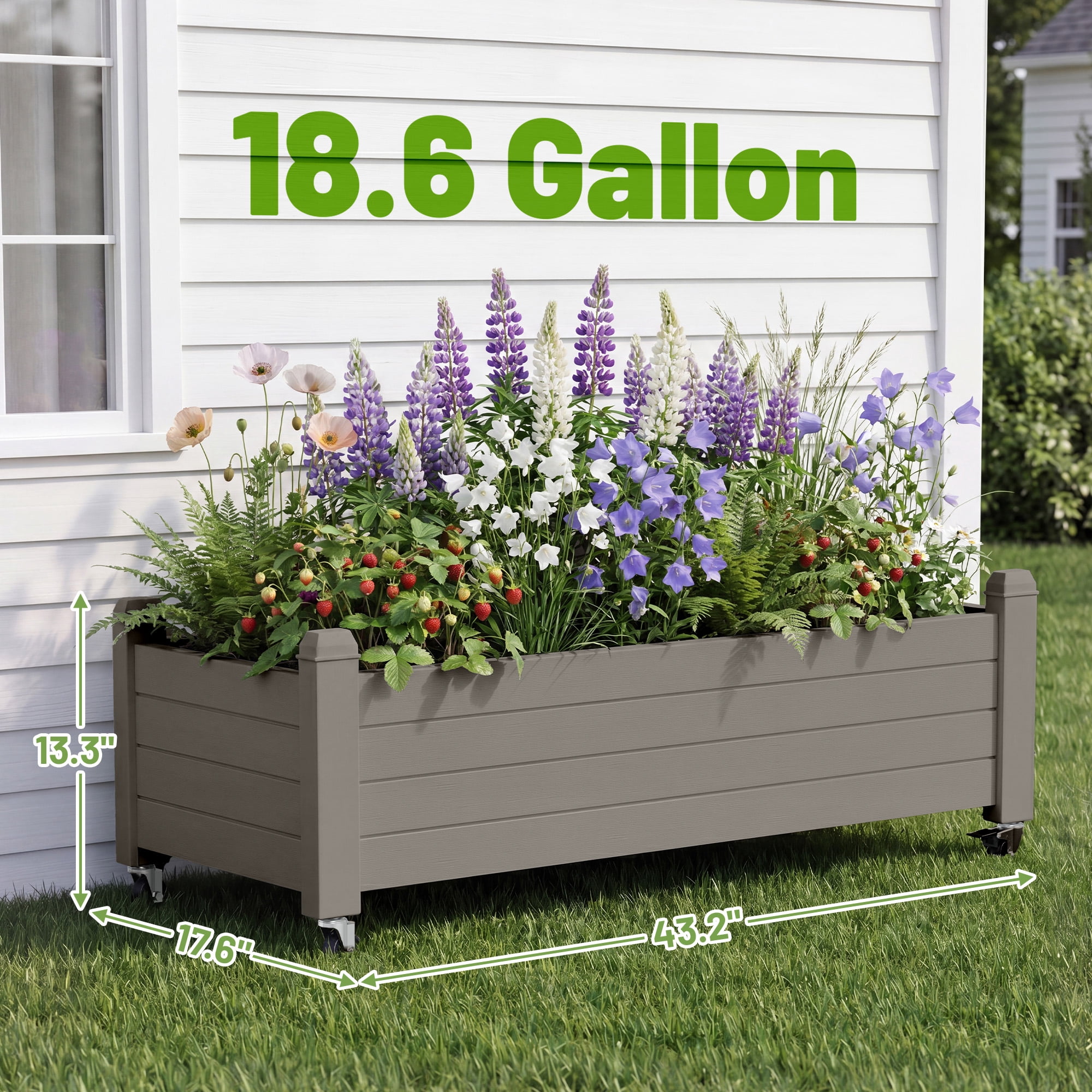 Nihsuao Mobile Raised Garden Bed with Lockable Wheels, Weather-Resistant Wood-Grain Planter Box for Patio, Balcony, Herb & Vegetable Growing, Gray
