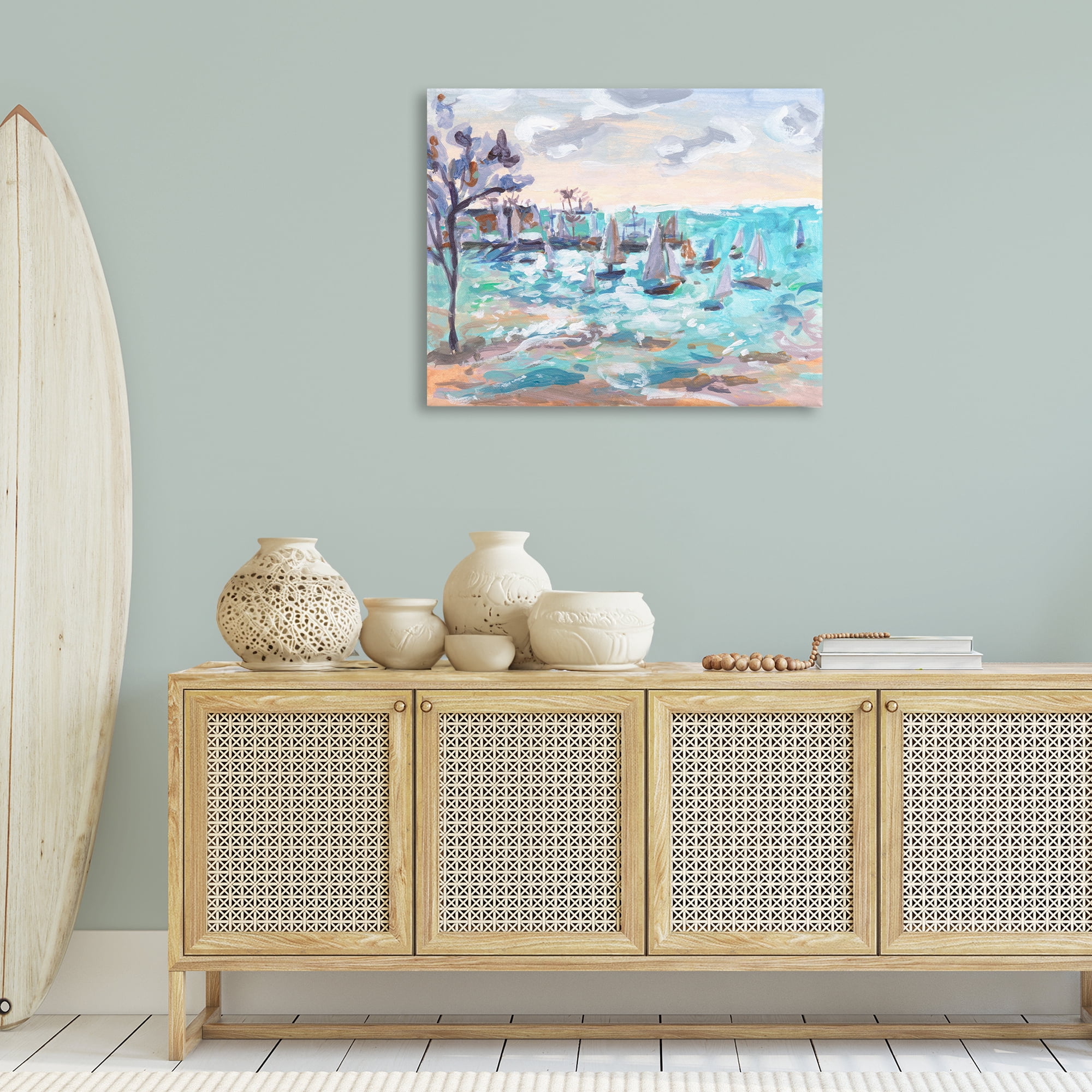 Stupell Industries Sailboat Fleet by Shore Nautical & Beach Painting Wrapped Canvas Art Print Wall Art, 40 x 30