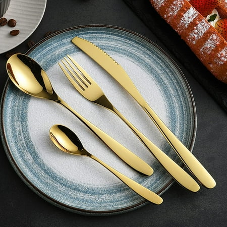 

Gold Silverware Set Durable 18/10 Stainless Steel Flatware Sets Kitchen Wedding Cutlery Utensil Include Spoon Fork Knife Teaspoon Mirror Polished Nice Weight 24 Piece Tableware Service for 6