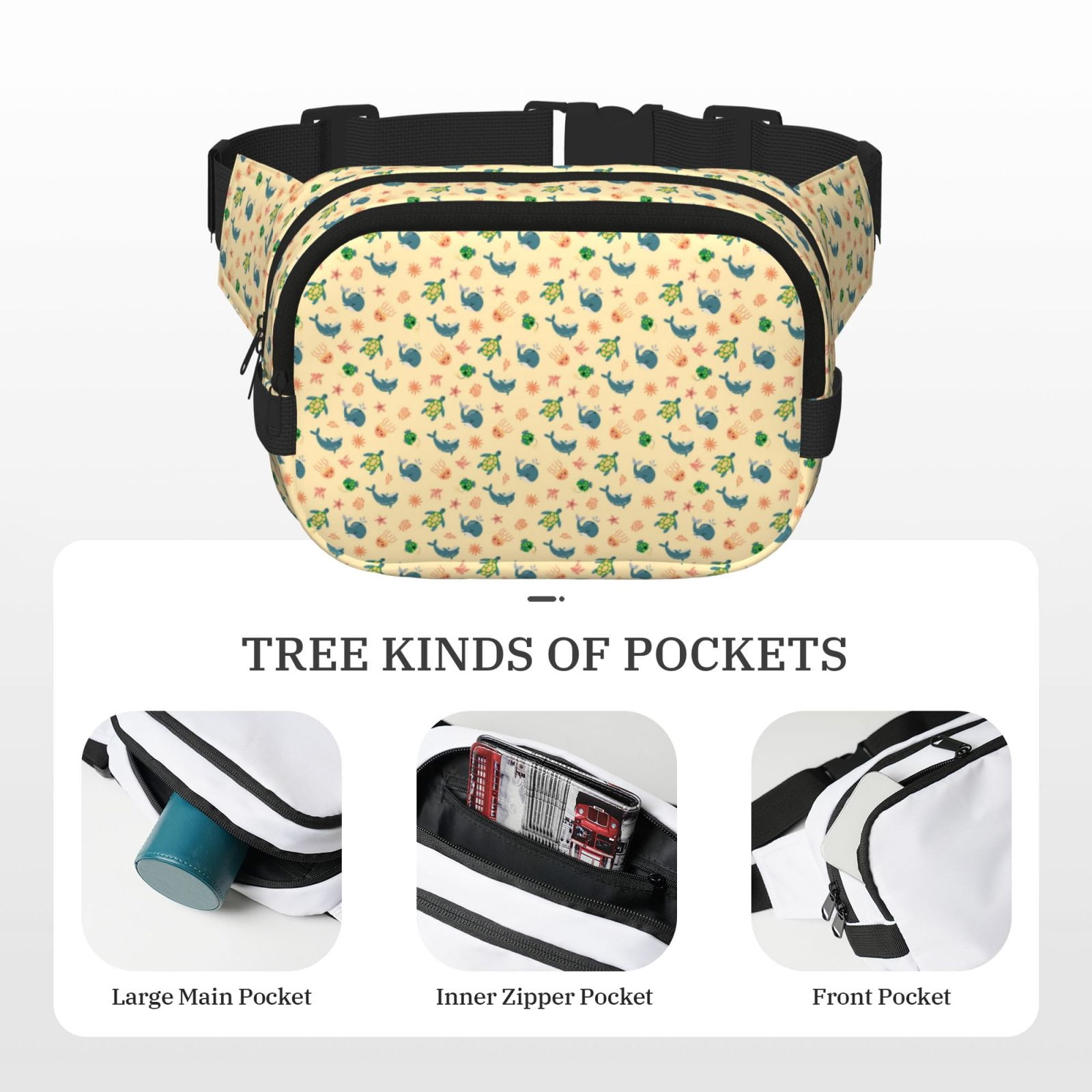 Picia Sea Turtle And Whale Print Square Double-Layer Waist Bag Mini Adjustable Waist Belt Bag Exercise Running Travel Hiking