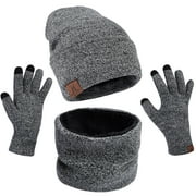 3Pcs Unsex Winter Beanie Hat Warm Scarf and Glove Set for Men and Women Grey