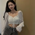 thumbnail image 5 of Forzero Women's Square Collar Sweet Pleated Soild Navel Exposed Chiffon Long Sleeves Shirt Blouses, 5 of 6