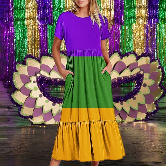 Fankiway Robe à Manches Courtes Imprimée Mardi Gras pour Femmes, Col Rond, Décontractée, Fluide, à Étages, Maxi, de Plage avec Poches, Robes d'Été pour Femmes, Grandes Tailles, Liquidation