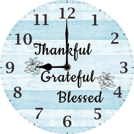 Thankful Grateful Blessed Wall Clock, Religious Wall Decor, Inspirational Family Quote Clock for Family Room Living Room Kitchen Thanksgiving Gift 10x10 Silent Non Ticking Battery Operated