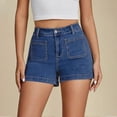 thumbnail image 2 of Aihuaihua Trendy Women's High Waisted Cargo Jean Shorts Stretchy Cotton Utility Pockets Classic Denim Shorts Dark Blue M, 2 of 7