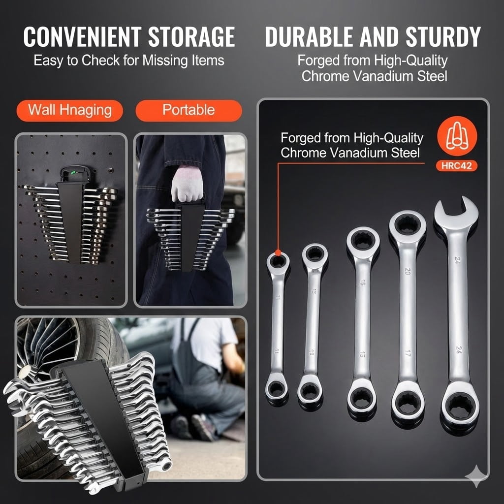 Combination Wrench Set, 30-Piece Ratcheting Wrench Set with Organizer Rack, Cr-V Steel Wrench Set SAE 1/4" to 1", Metric 8 mm to 24 mm, Ideal for General Household, Garage, Workshop, Emergency