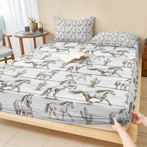 King Size Fitted Sheet Set - Western Wild Horse 3 Piece Bedding Sets 16" Deep Pocket Fitted Sheet with 2 Pillowcases, Desert Cactus Vintage Gray Wooden Brushed Microfiber Hotel Luxury Bed Sheets