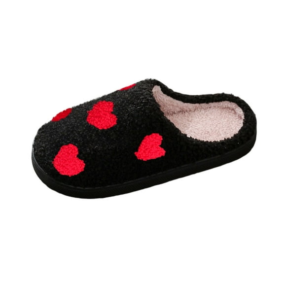 Xfvqtps Women Fluffy Slippers Cute Love Embroidery Versatile Indoor Home Funny Winter Non-Slip Plush Slippers Black