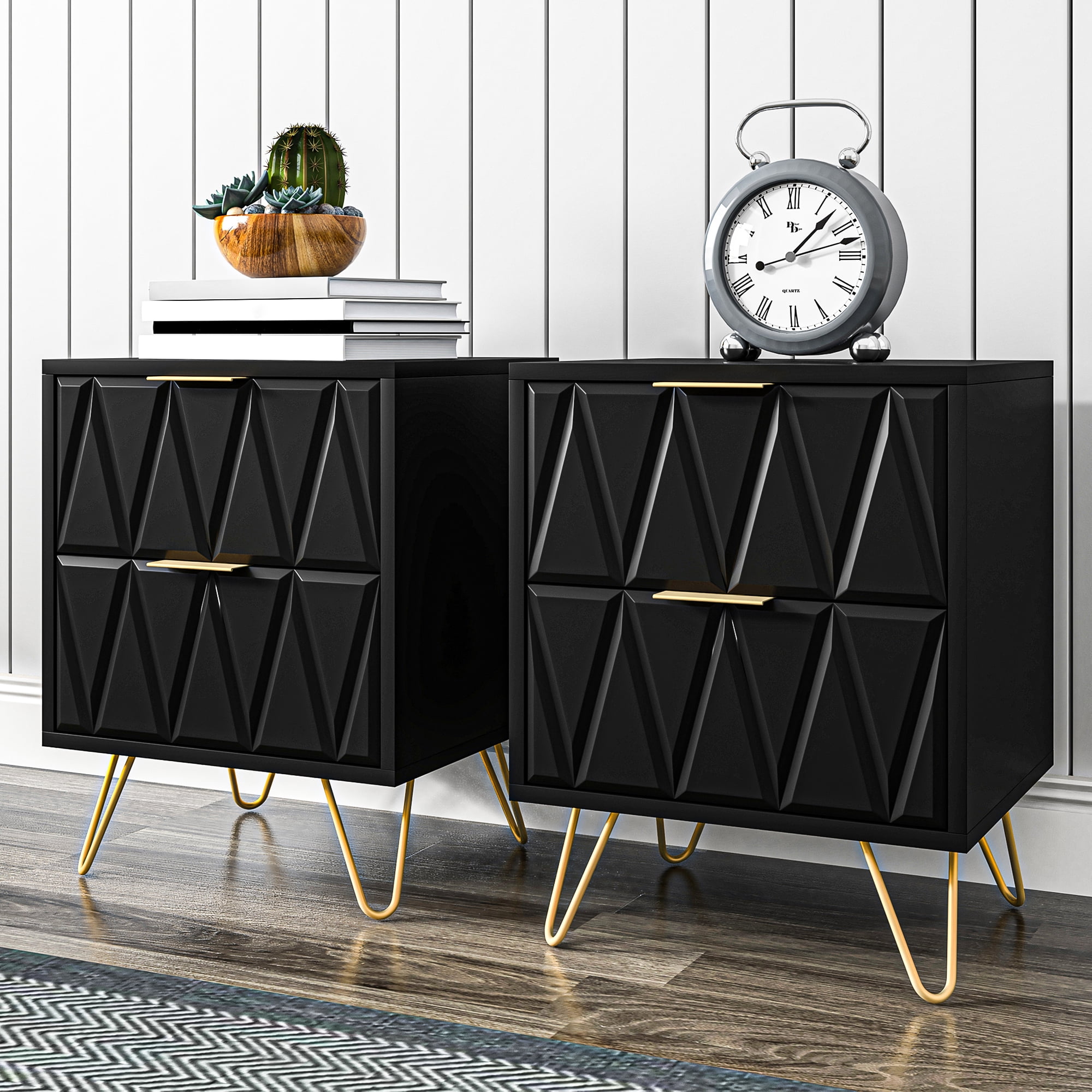 Resenkos 2-Piece Geometric Pattern Nightstands with Gold Hairpin Legs & Brass Handles, Modern Bedside Storage Cabinets for Bedroom, Black