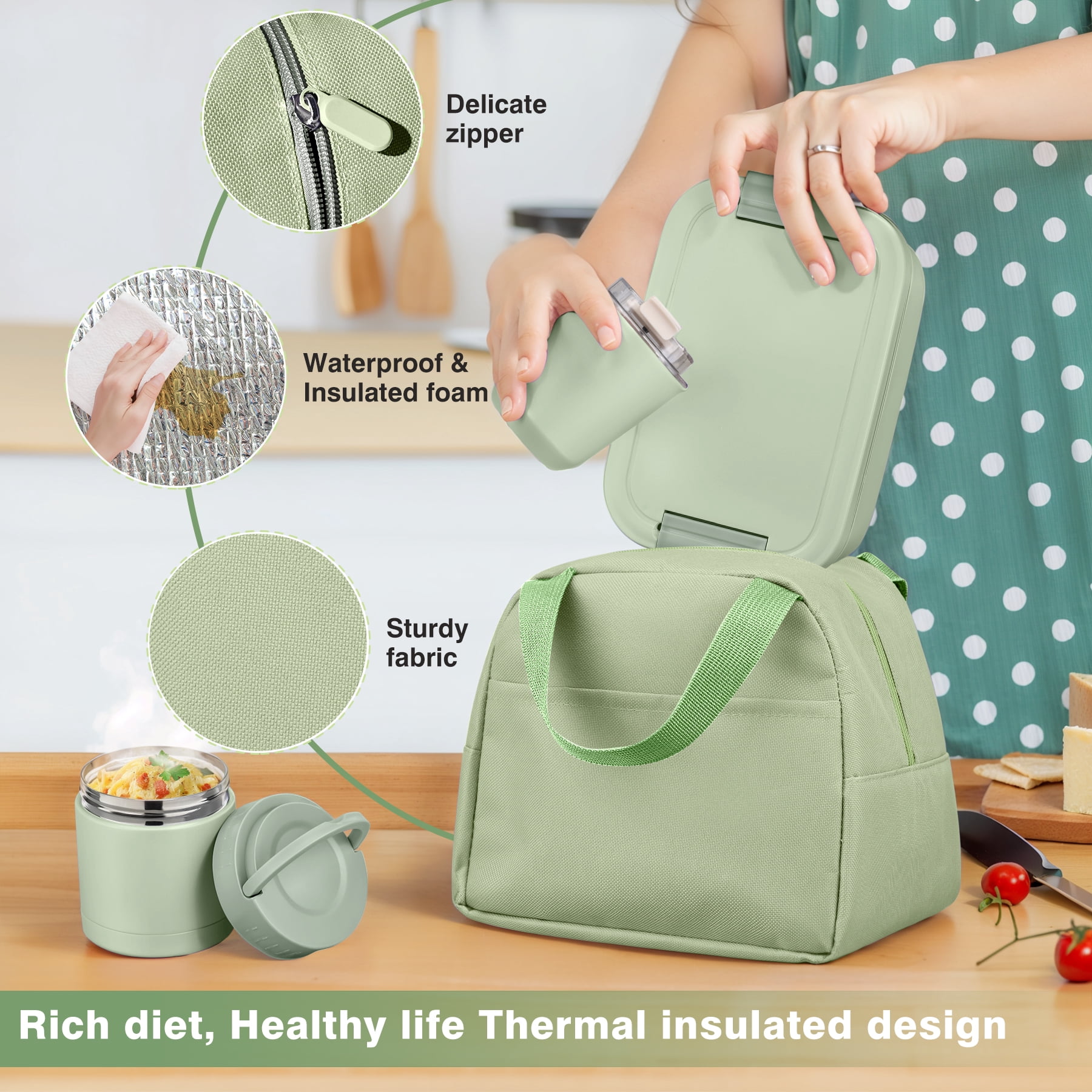 Bento Lunch Box Set with 10.5oz Soup Thermo for Adults Kids, Leak-proof Food Jar Lunch Container with 4 Compartment, Stainless Steel Coffee Tumbler with Lunch Bag for School Travel Office Green