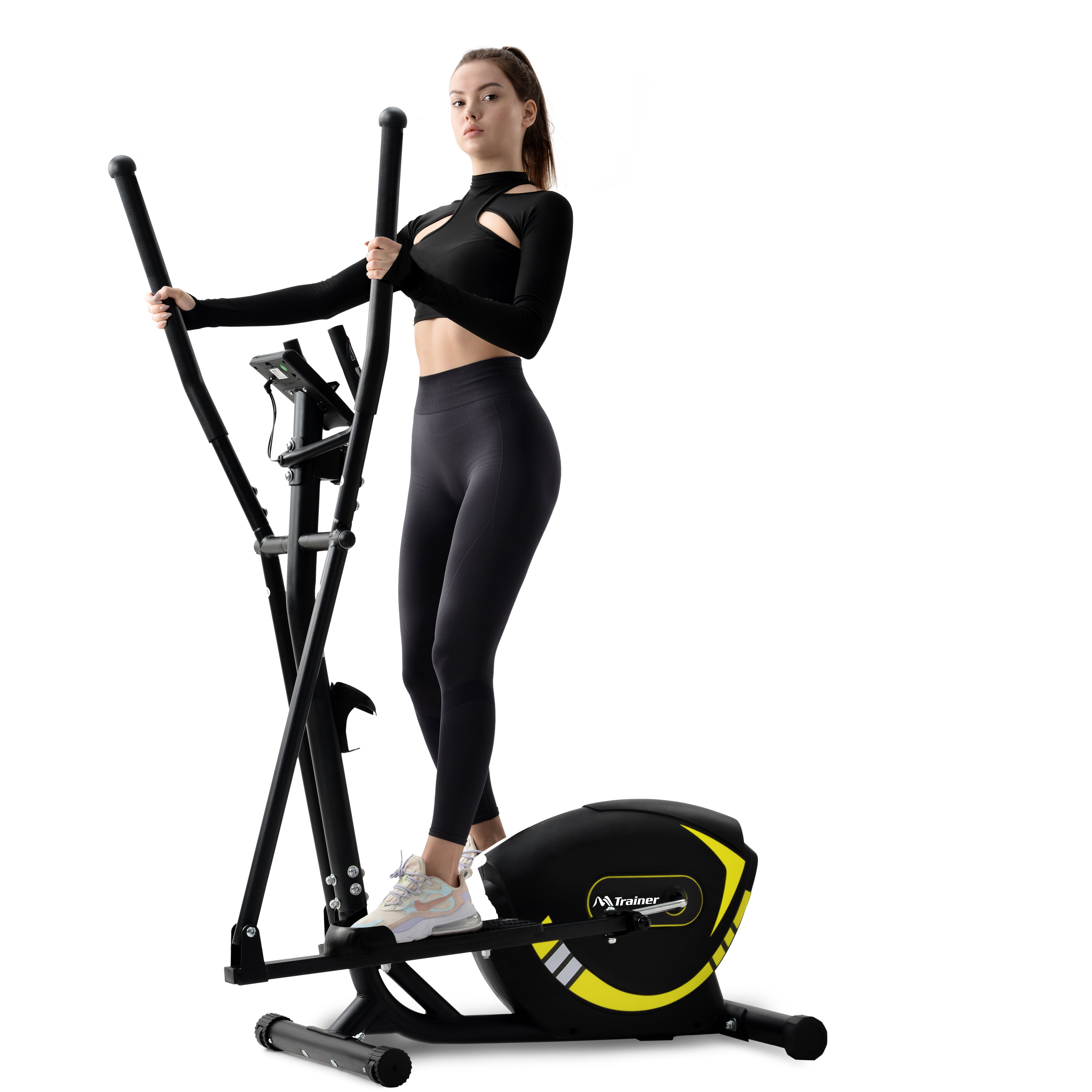 Mustard pooboo Elliptical Trainer Magnetic Elliptical Machines for Home Use Portable Elliptical Trainer with Pulse Rate and LCD Monitor 