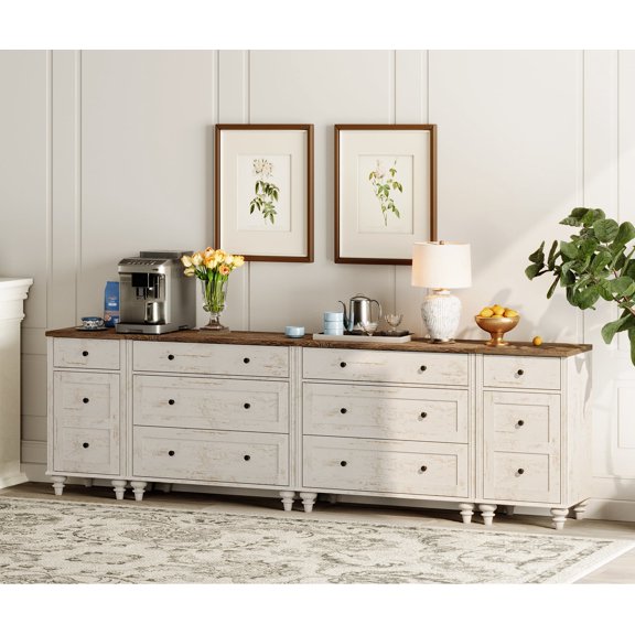 Farmhouse Sideboards with 8 Drawers and 2 Storages, Credenza with Wide 3 Chest of Drawers，Buffet cabinet with Charging Station for kitchen, Rustic White