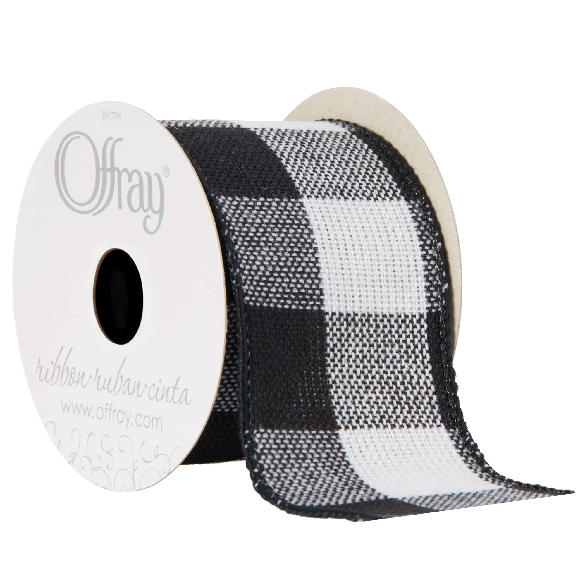 Offray Buffalo Plaid Ribbed Wired Craft Christmas Ribbon - 2.5" x 25 Yards - Black and White