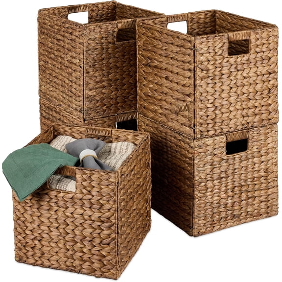 WILLYO  12x12in Pack of 5 Cube Storage Baskets, Water Hyacinth Multipurpose Collapsible Organizers, Handwoven Laundry Totes for Laundry, Living Room, Kids Room & Nursery - Chestnut