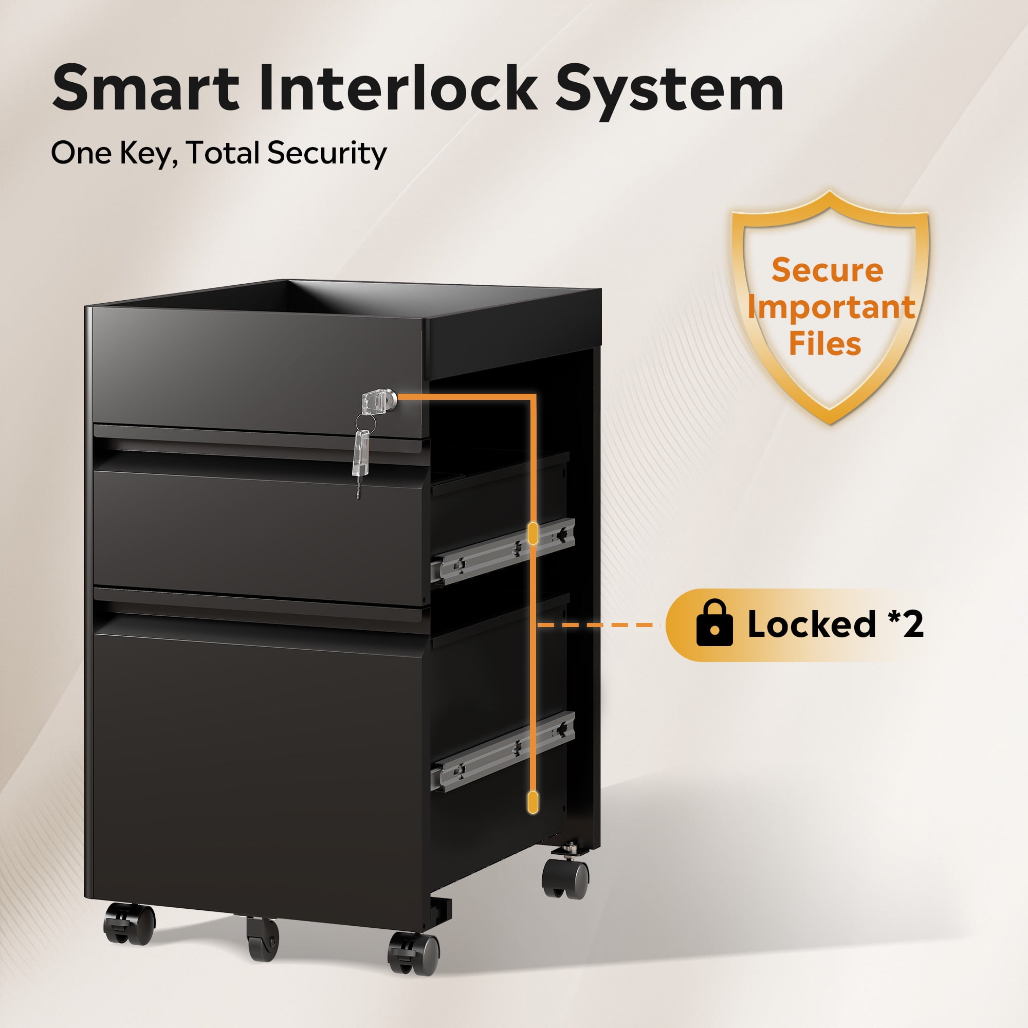 GALAXHERO 2 Drawer File Cabinet with Lock, Metal Storage Organizer with Fence, Mobile Filing Cabinets for Home Office, Fit Letter/A4/Legal Size Files, Black