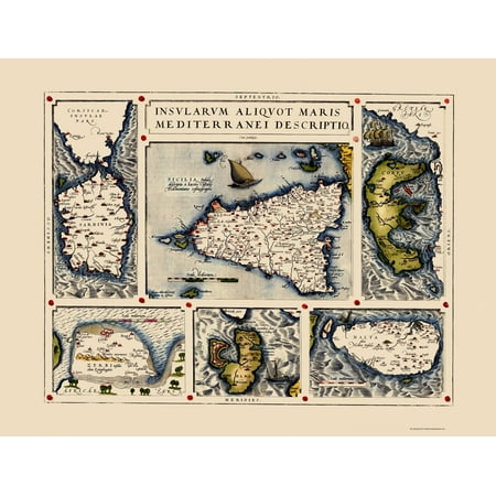 Abraham Ortelius Map - Mediterranean Map - Sicily, Malta, Sardinia, Corfu, Elba, Djerba 1587 - 23x30