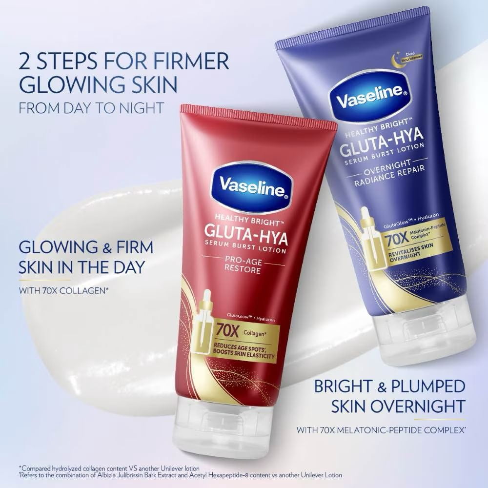Vaseline Healthy Bright Gluta-Hya Serum Burst Lotion Pro-Age Restore, Brightening & Firming Body Lotion with Hyaluronic Acid and GlutaGlow Technology, 170 ml