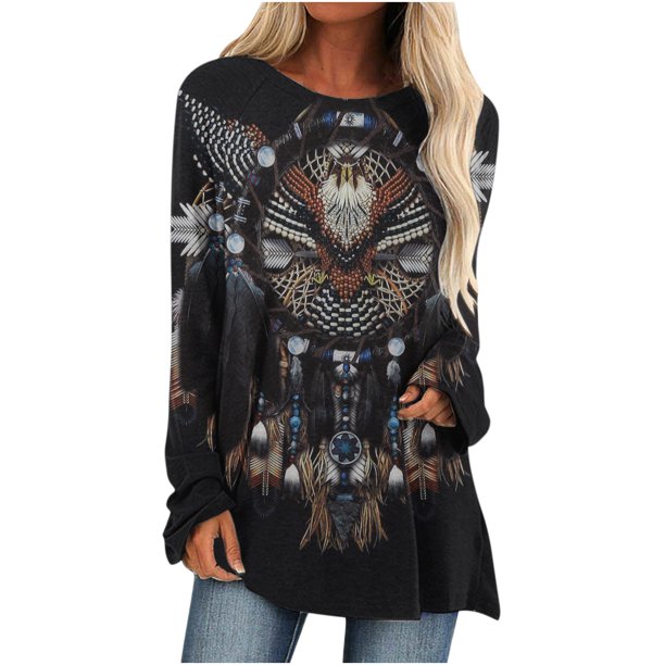 Camisas informales de manga larga para mujer, jersey, túnica suelta, blusa estampada con cuello redondo Fridja hkj4048